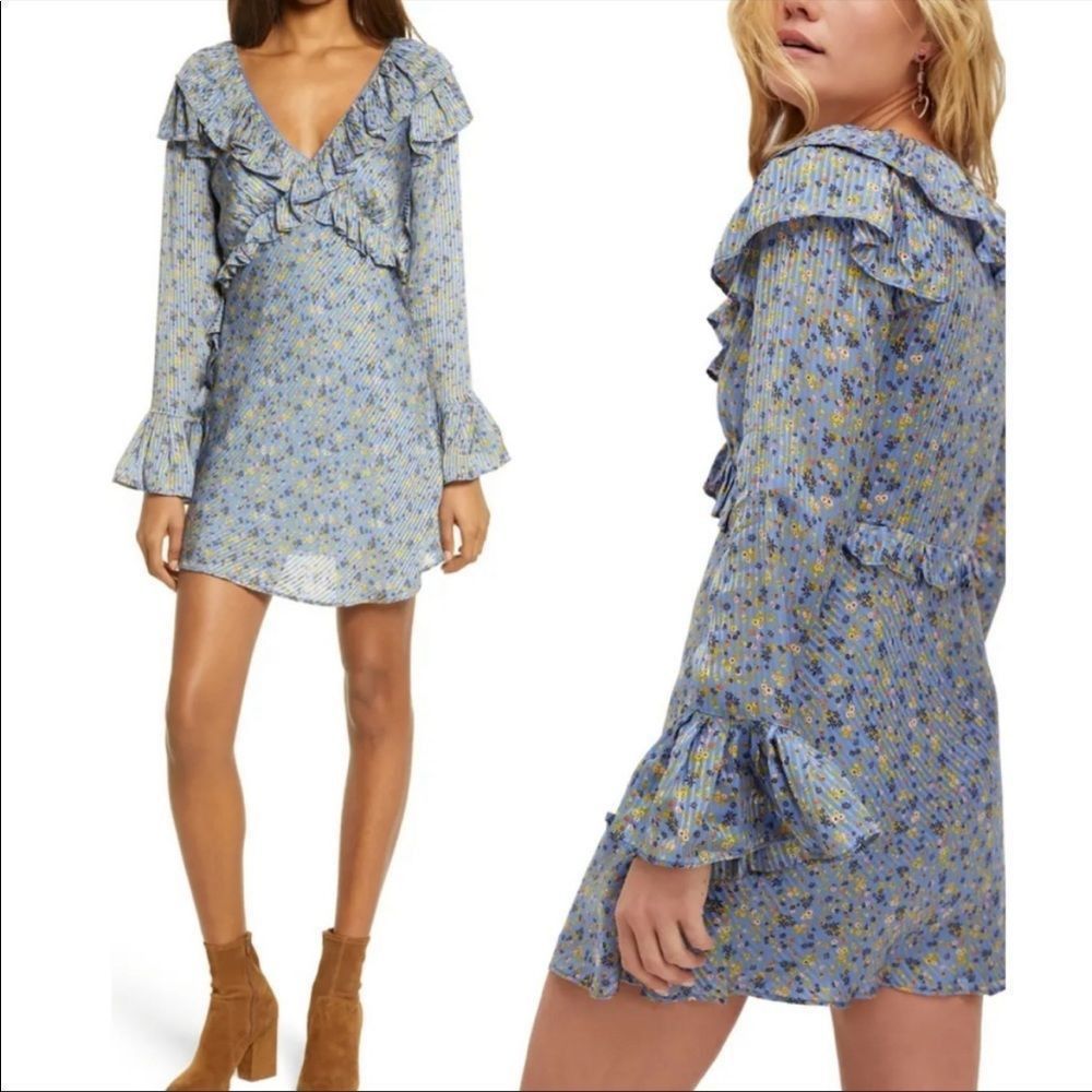 Free People Blue Floral Ruffle Mini Dress